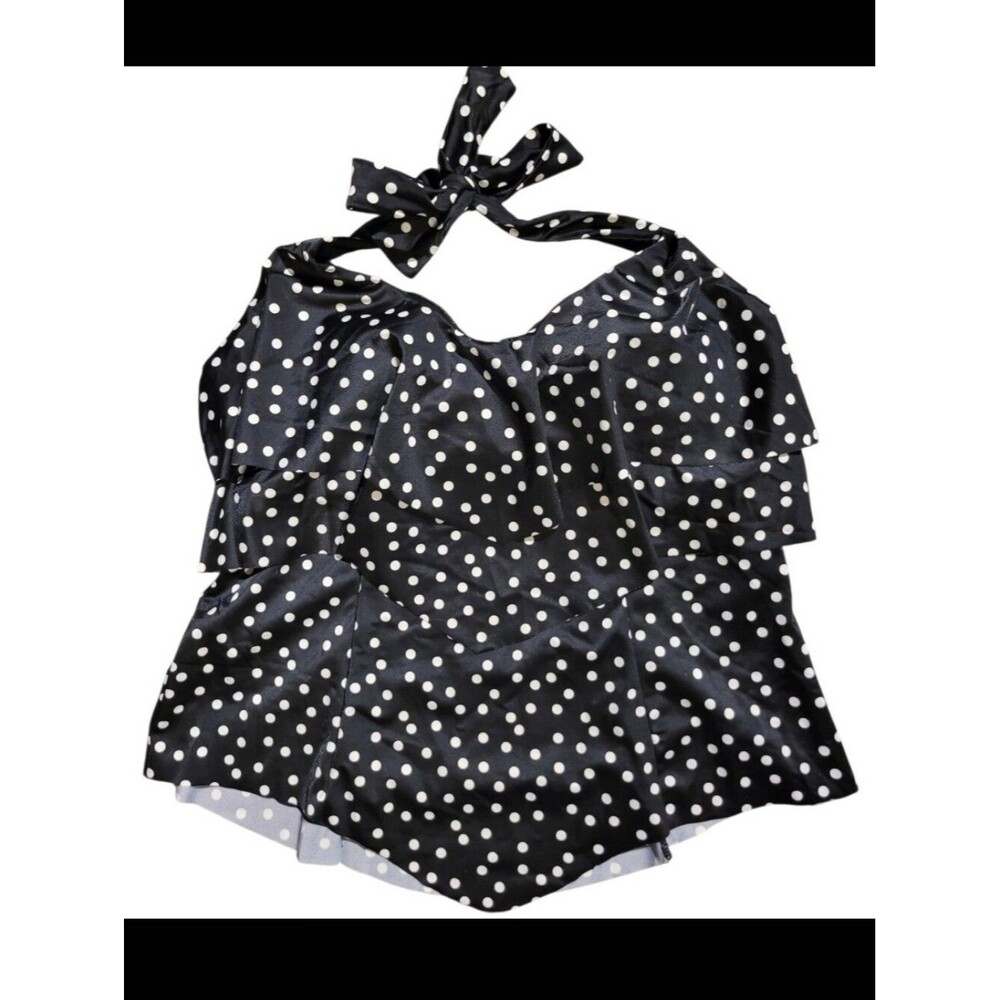 Eco Swim Halter Tankini Swimsuit Top Basque (V) Cut Waist Black White Polka SZ 8